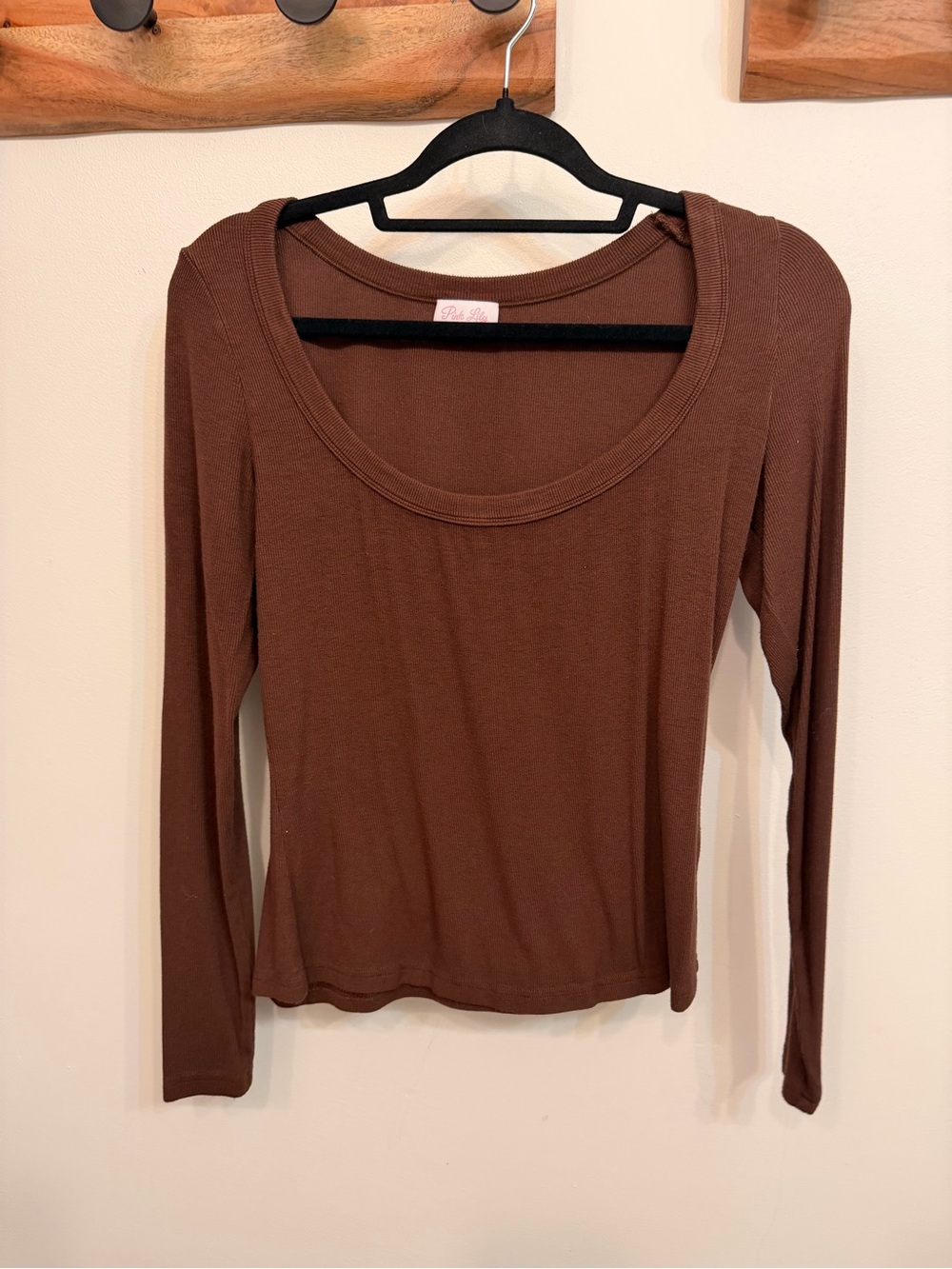 Pink Lily Brown Scoop Neck Long Sleeve Top